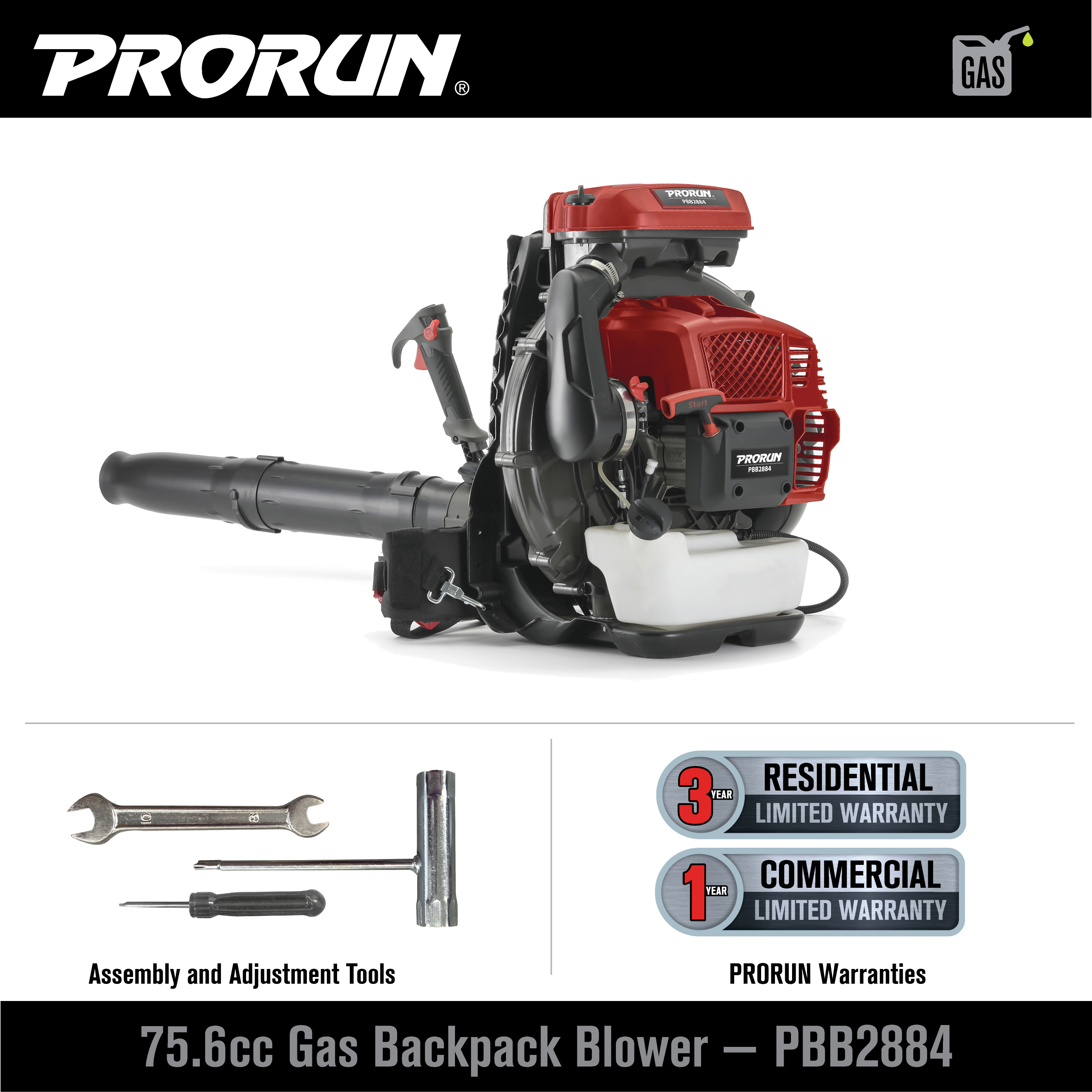 PBB2884 - 75.6cc 1020 CFM Gas Backpack Leaf Blower - PRORUN